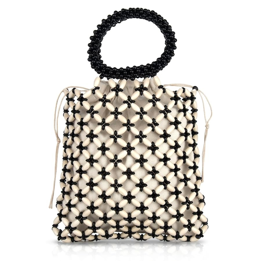 YYW Unique Handmade Wooden Bead Tote Bag for Women, Small Handwoven Clutch Purses Woven Bucket Ha... | Amazon (US)
