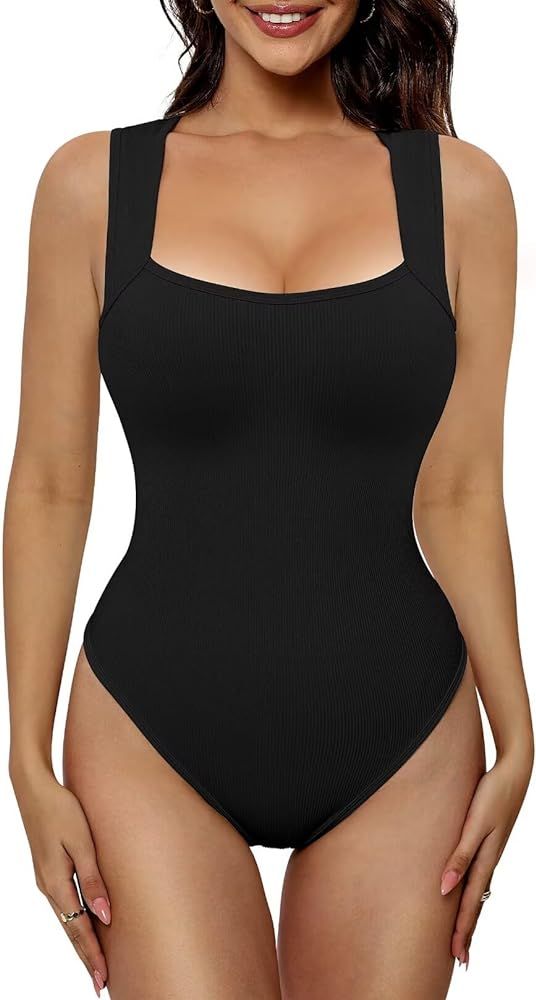 Vertvie Womens Square Neck Bodysuit Ribbed Sleeveless Tank Top Sexy Slimming Body Shaper Tummy Co... | Amazon (US)