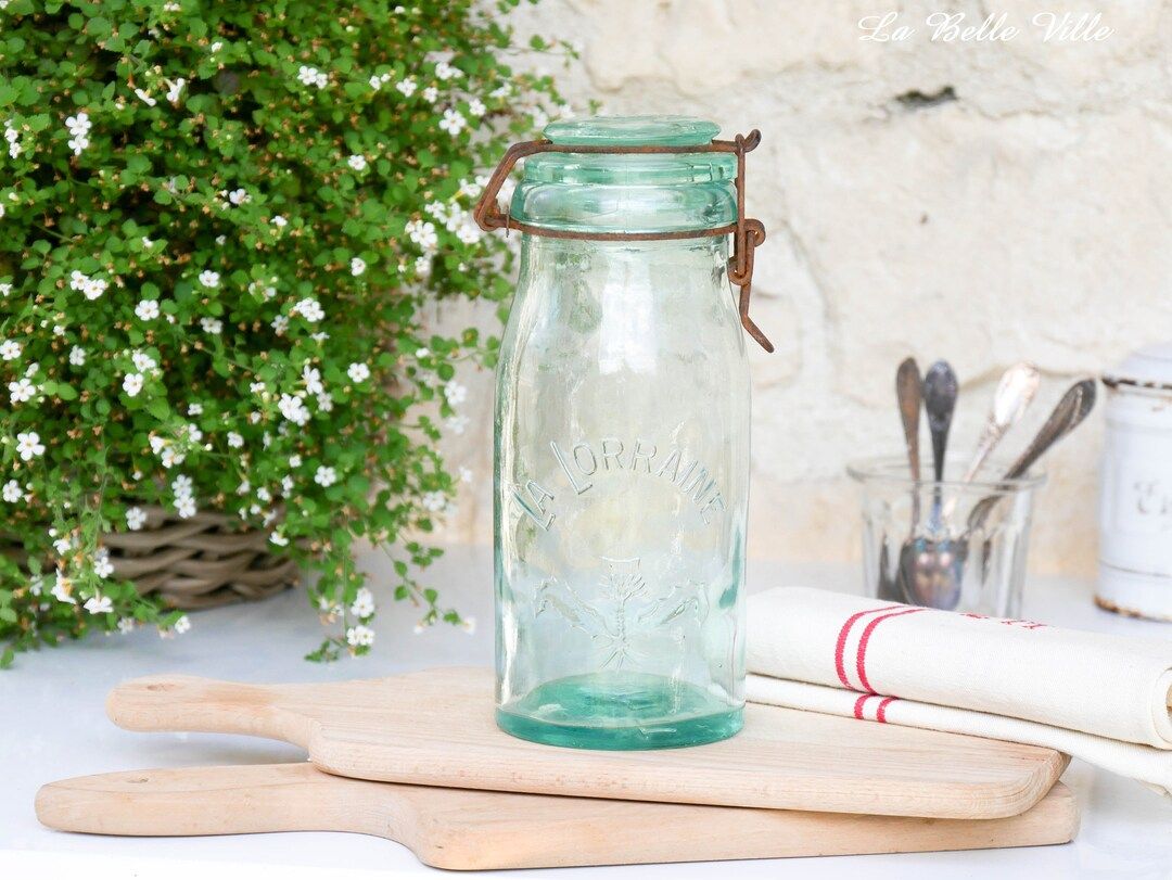 Vintage French aqua green La Lorraine canning jar - Old glass top bottle - 1 liter colored green ... | Etsy (US)