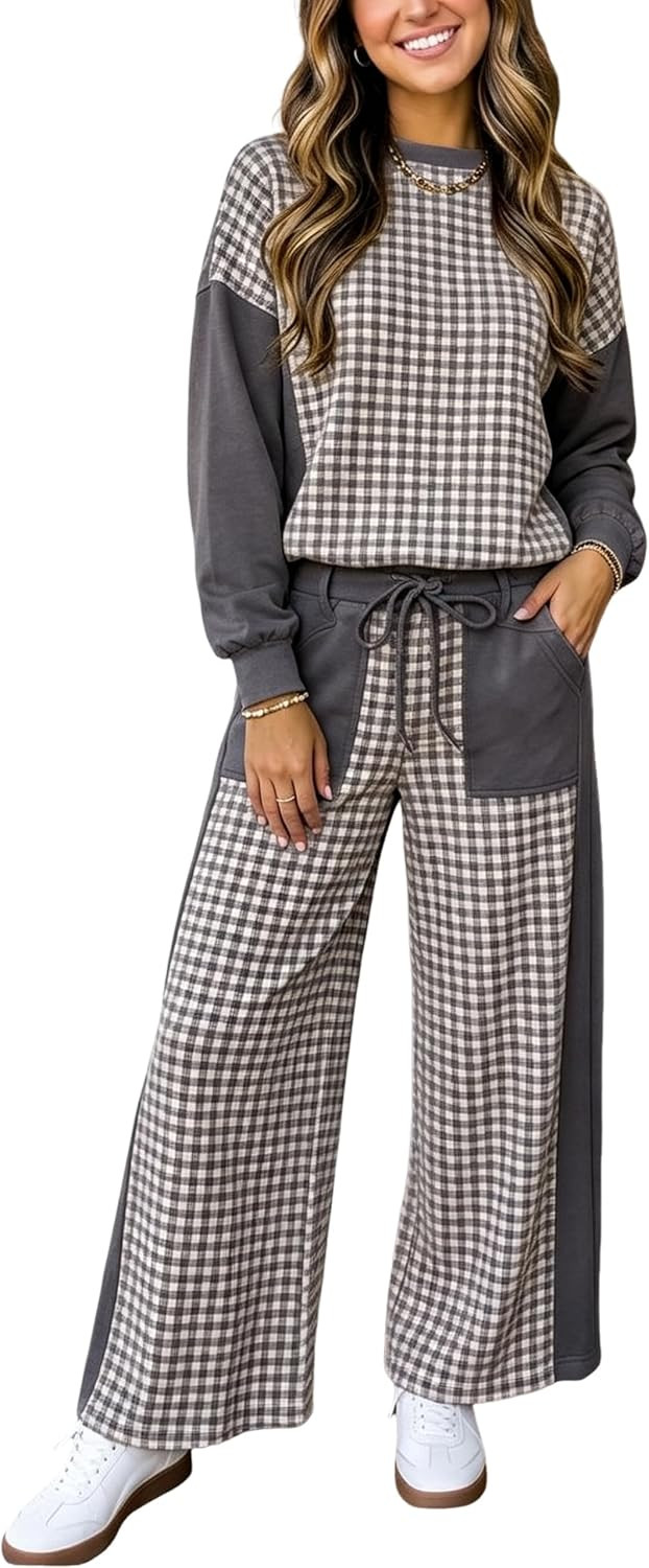 Yeokou Women’s Gingham Patchwork 2 Piece Sweatshirt Wide Leg Pants Sets | Amazon (US)
