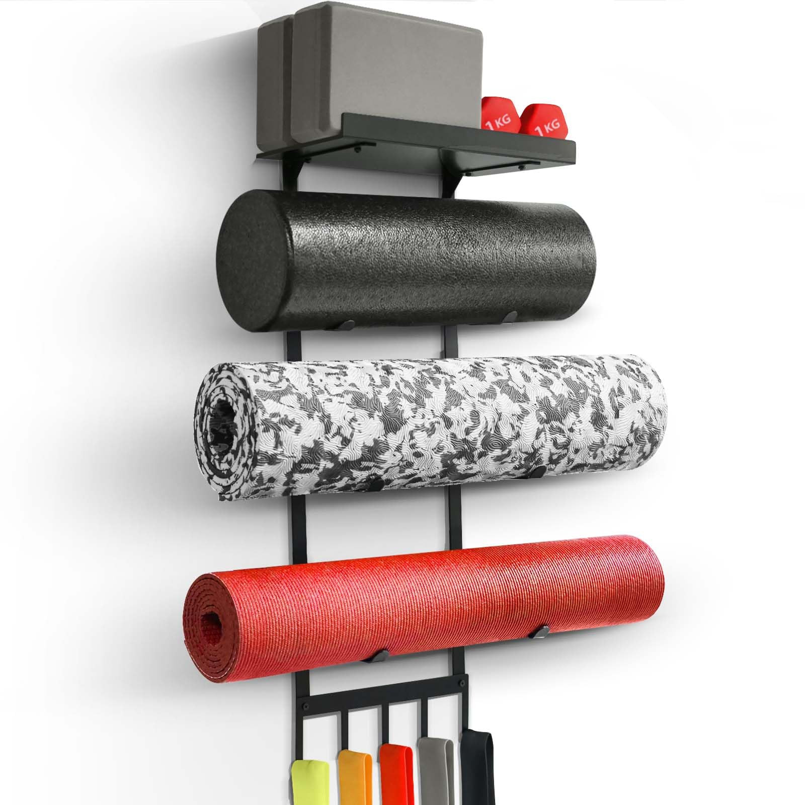 Yoga Mat Holder Wall Mount, Home Gym Storage Rack with Top Floating Shelf, 4-Tiers Holding Yoga M... | Amazon (US)
