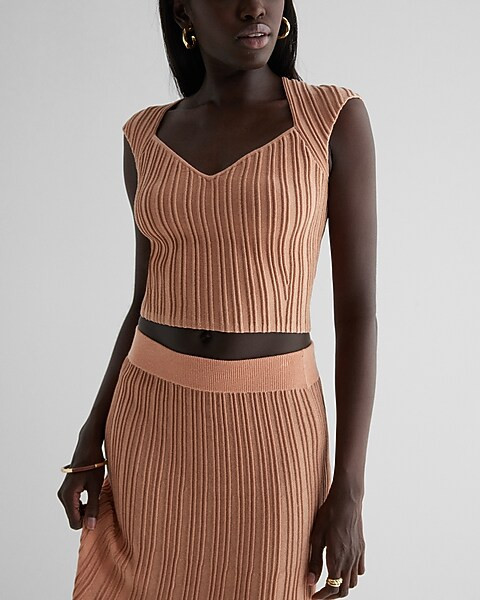 Metallic Ribbed V-Neck Cap Sleeve Sweater | Express