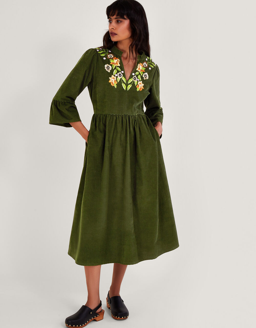 Embroidered Floral Cord Dress Green | Monsoon (UK)