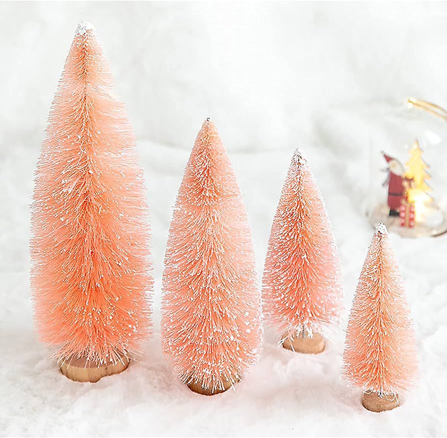 KHBNHJ 4 Pcs Mini Sisal Snow Frost Christmas Trees Pink Bottle Brush with Wood Base Tabletop Xmas... | Amazon (US)