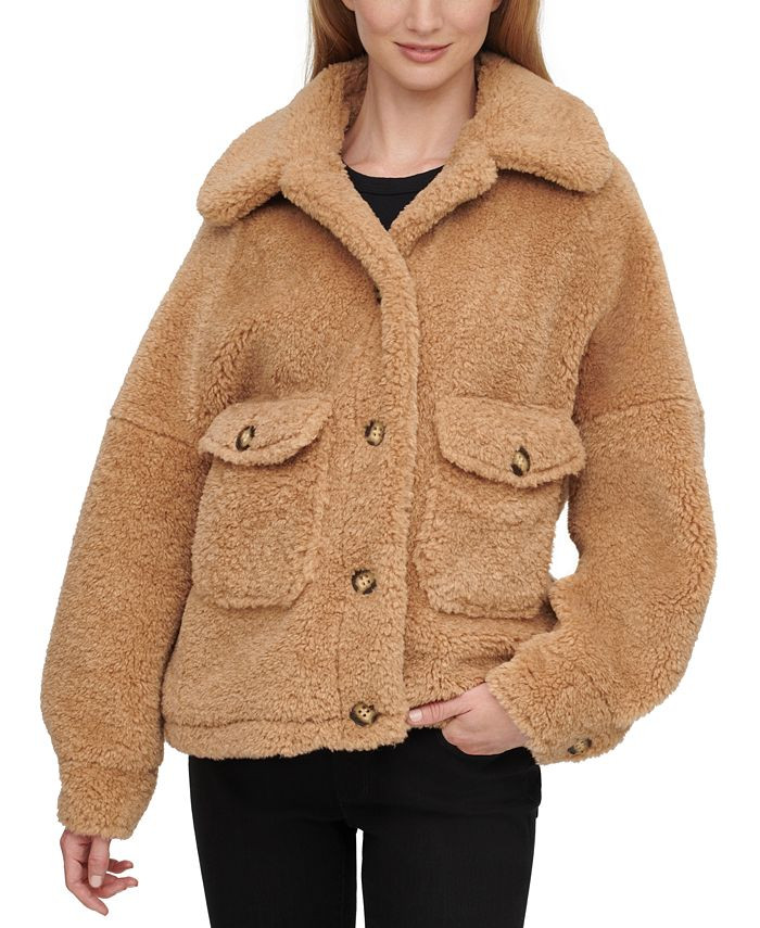 Button-Front Faux-Sherpa Teddy Coat | Macys (US)