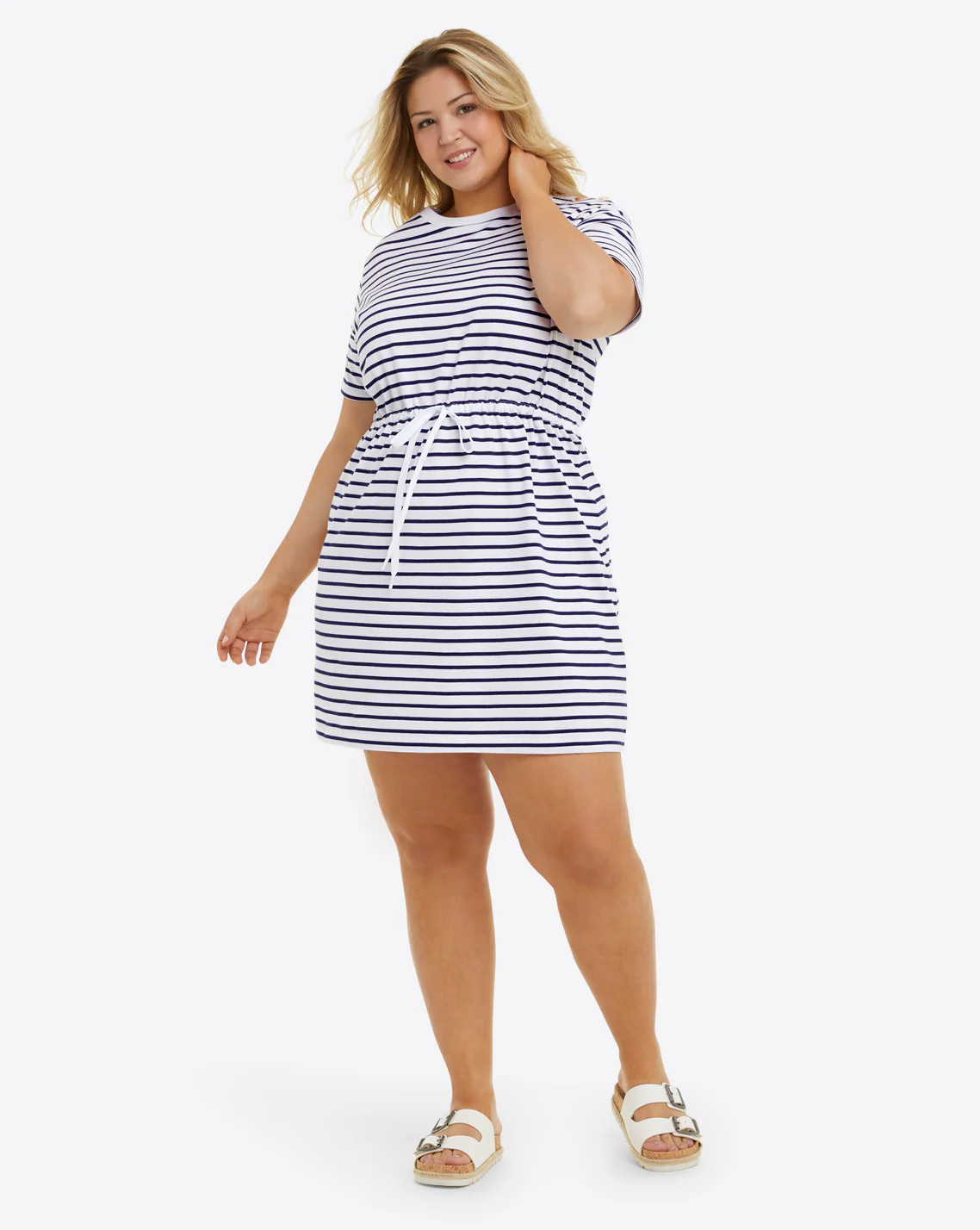 Tie Waist T-Shirt Dress in Nassau Navy Mariner Stripe | Draper James (US)