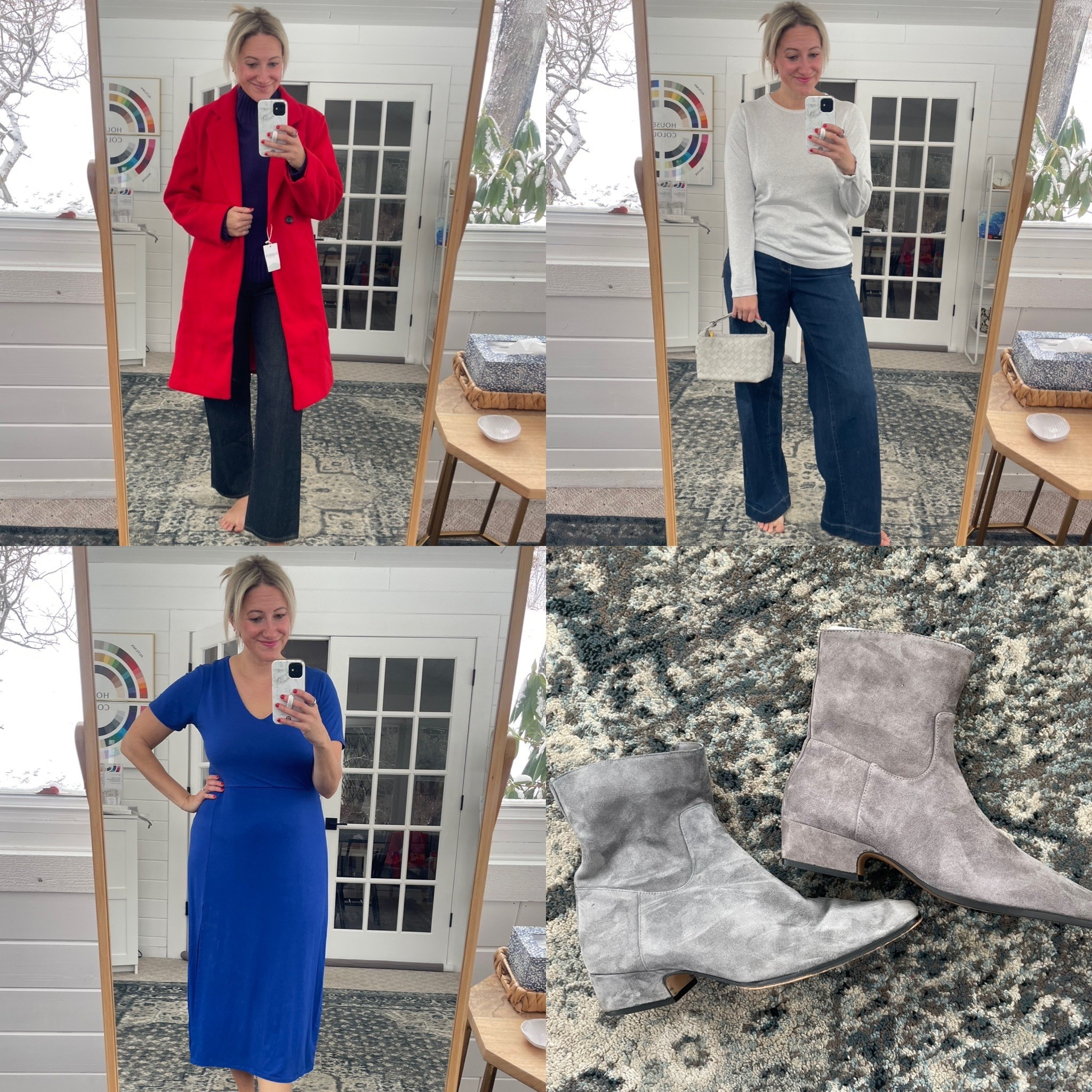 This week’s try-on:
Top left jacket: all seasons TTS
Top left top: ❄️ size down 1
Top left jeans: ❄️ size up 1-2 
Top right top: ❄️/ ☀️ TTS
Top right pants: all seasons size down
Top right purse: ❄️ 
Bottom left: ❄️ TTS
Bottom right: ❄️/ ☀️ TTS