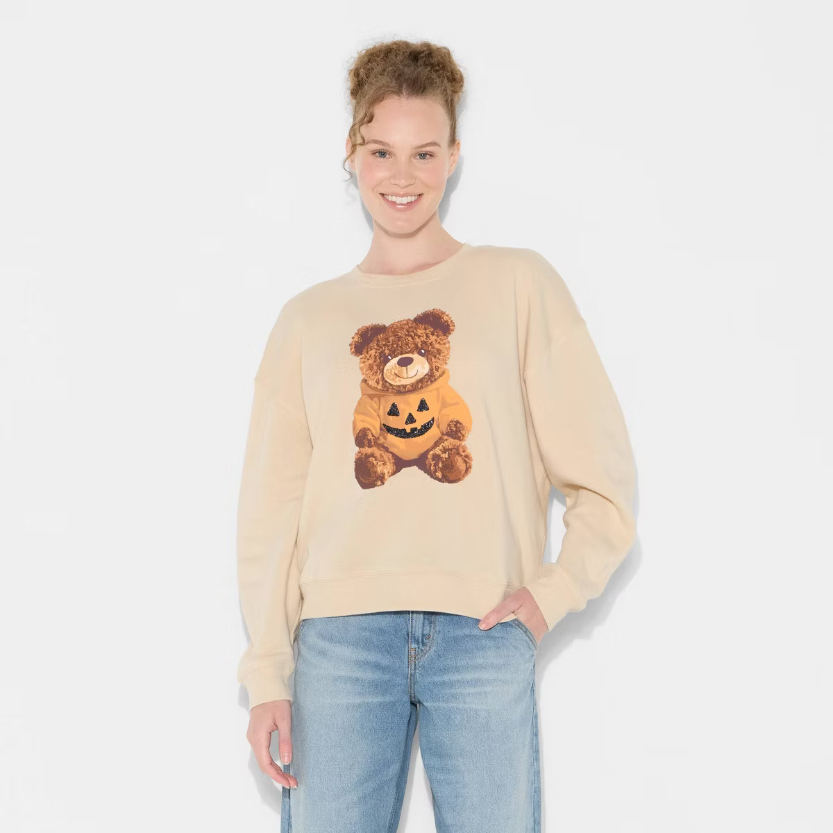 Women's Teddy Bear Pumpkin Graphic Sweatshirt - Beige | Target