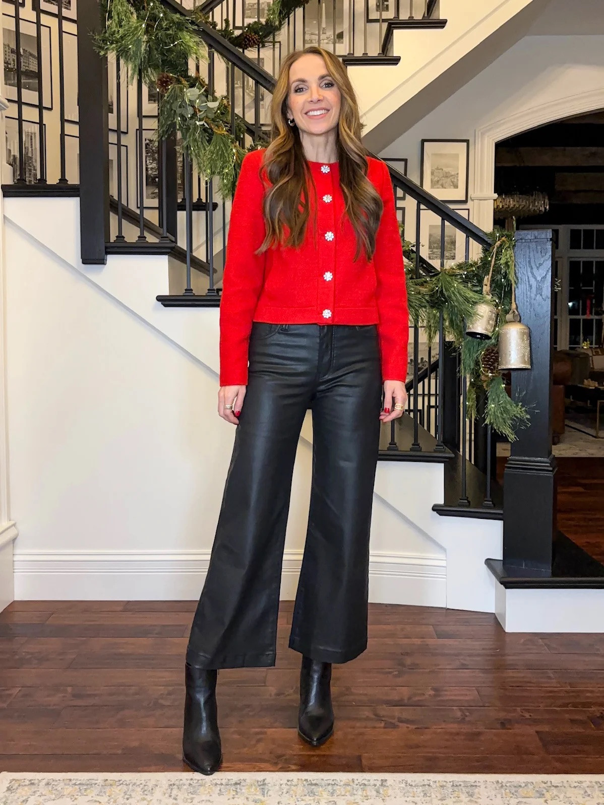 @kutfromthecloth leather coated pants (some of my most worn pants!) + red structured cardigann

#LTKStyleTip #LTKSeasonal