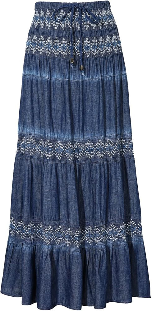 DREFBUFY Maxi Skirt Womens High Waist Pleated Tiered Long Skirts Denim Casual Style Midi Dress fo... | Amazon (US)