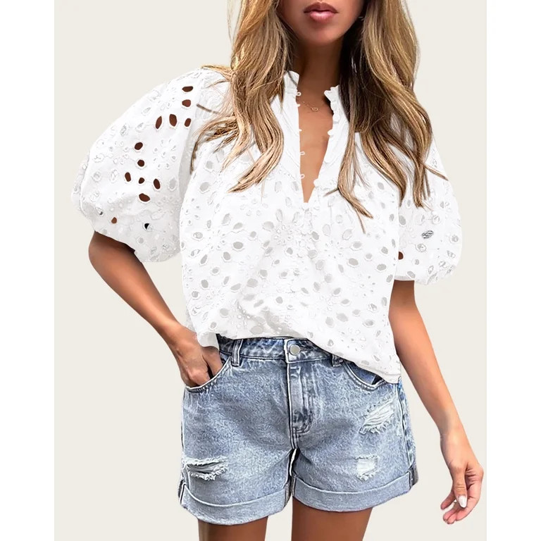 PRETTYGARDEN Women's Summer Tops Dressy Casual Short Lantern Sleeve V Neck Buttons Hollow Out Lac... | Walmart (US)