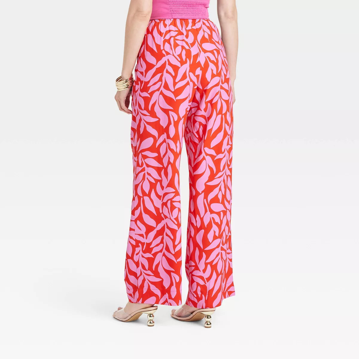 Women's Mid-Rise Pull-On Pants - A New Day™ Pink/Red Leaf Print XS | Target