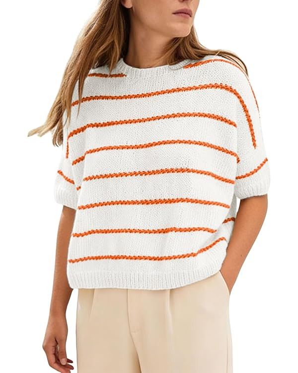 QIBABU Womens Short Sleeve Striped Sweater Top Casual Crewneck Lightweight Shirt Spring Summer Cr... | Amazon (US)