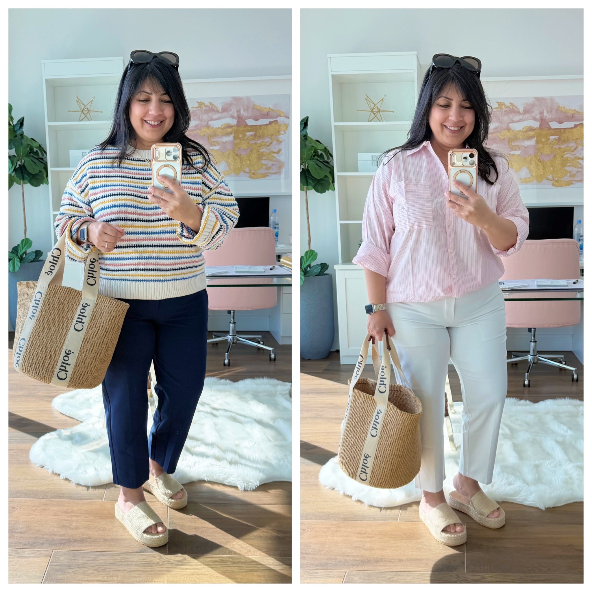 Loft Sale! 60% off tops and sweaters today + free shipping! 

Spring outfits 2026! These Athleta pants are great for travel and everyday wear (the white pair is on sale 30% off!) Available in regular, petite and tall sizes and several colors. Paired them with this cute colorful striped textured sweater and pink striped poplin shirt from Loft that are both on major sale!

Loft striped sweater and striped shirt size large petite. Athleta navy and white pants size 12 Petite. BEACH sandals. Chloe raffia tote bag. Prada sunglasses. 

#LTKPetite #LTKSaleAlert #LTKMidsize