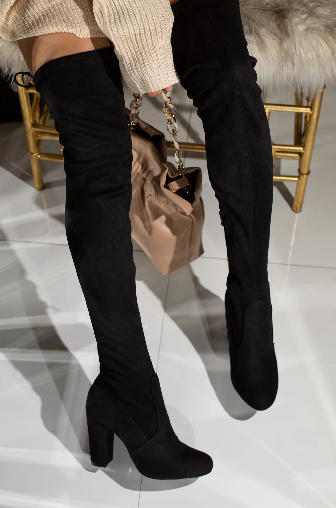 Way Up High Block Heel Over The Knee Boots - Black 5.5 / Black | MISS LOLA