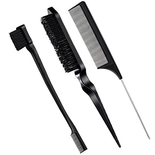 Geiserailie 3 Pcs Slick Back Hair Brush Set Bristle Brush Edge Control Teasing Comb for Women Black Hair(Black) | Amazon (US)