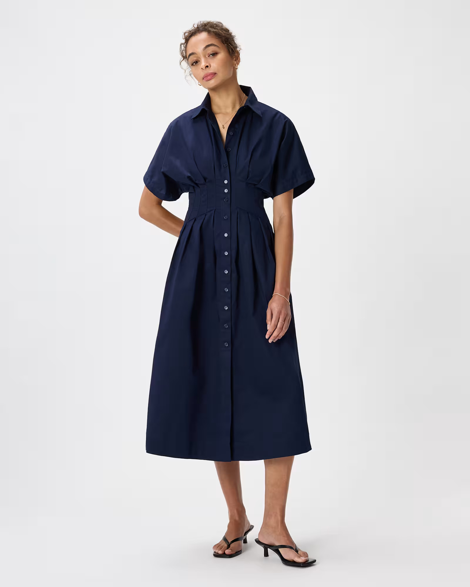 Stretch Twill Pleated Midi Shirt Dress in Deep Navy | Quince