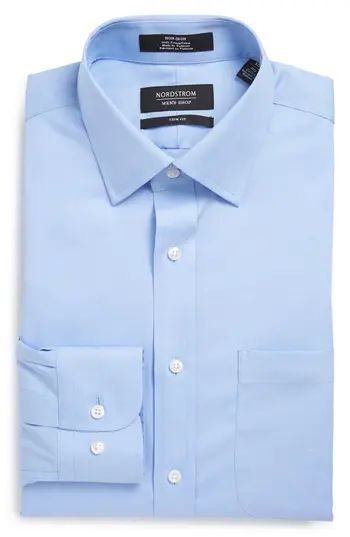 Men's Nordstrom Men's Shop Trim Fit Non-Iron Solid Dress Shirt, Size 17.5 - 32/33 - Blue | Nordstrom