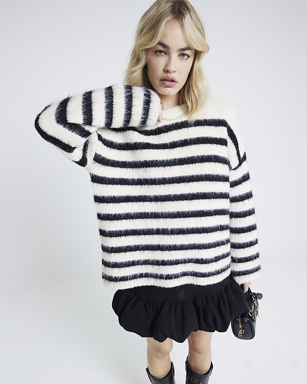Black Fluffy Knit Stripe Jumper | River Island UK & IE