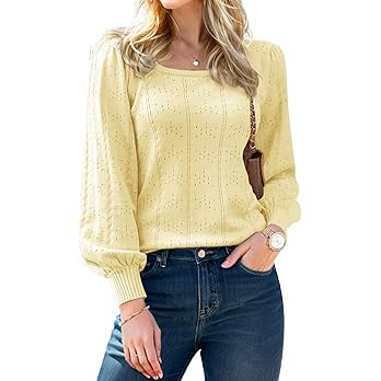 XINWEZZ Womens Sweaters Fall 2026 Casual Puff Long Sleeve Square Neck Cozy Knitted Pullover Sweat... | Amazon (US)