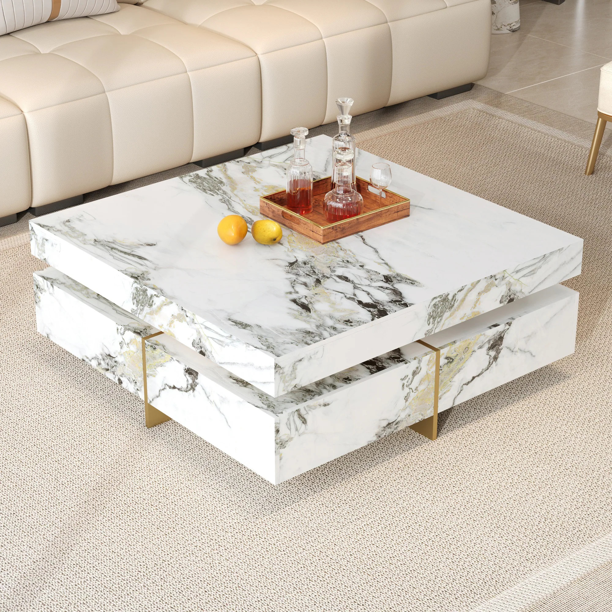 LUXEYARD Modern Square Marble Textured Coffee table with 4 Drawers and Suspended Base White 43.3Inch one_size | DS-M-BAC01085 | Lowe's