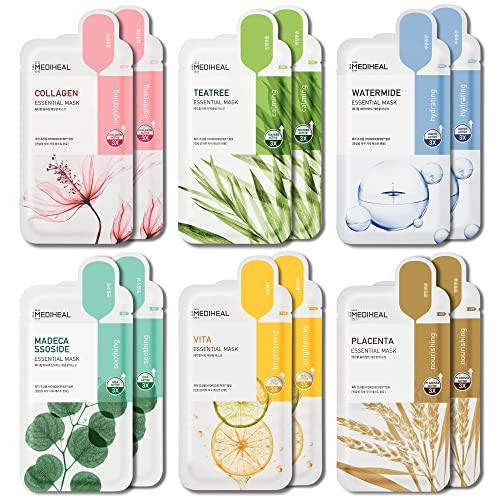 Mediheal Sheet Mask New Essential HERO 12 pack (Collagen, Tea Tree, Placenta, Madecassoside, Vita, Watermide)| Korean Skincare Facial Sheet Mask Combo, Moisturizing, Soothing and for Blemishes | Amazon (US)
