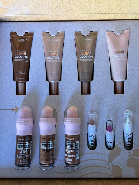L'Oréal Paris True Match Lumi Glotion Natural Glow Enhancer, Maybelline Instant Age Rewind Instant Perfector 4-in-1 Glow Foundation, NYX Jumbo Multi-Use Face Stick Highlighter
