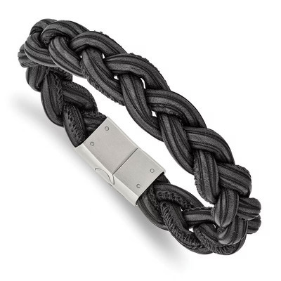 Black Bow Jewelry 12mm Stainless Steel Black & Gray Braided Leather Bracelet, 8.25 Inch | Target
