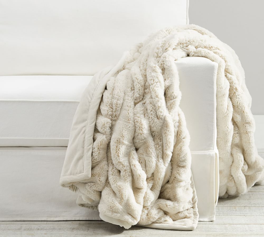 Faux Fur Ruched Throw, 50 x 60&amp;quot;, Ivory | Pottery Barn (US)