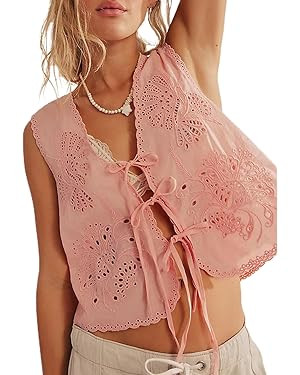 Women Tie Front Vest Floral Eyelet Embroidered Tank Y2K Sleeveless V Neck Crop Shirt Top Cute Goi... | Amazon (US)