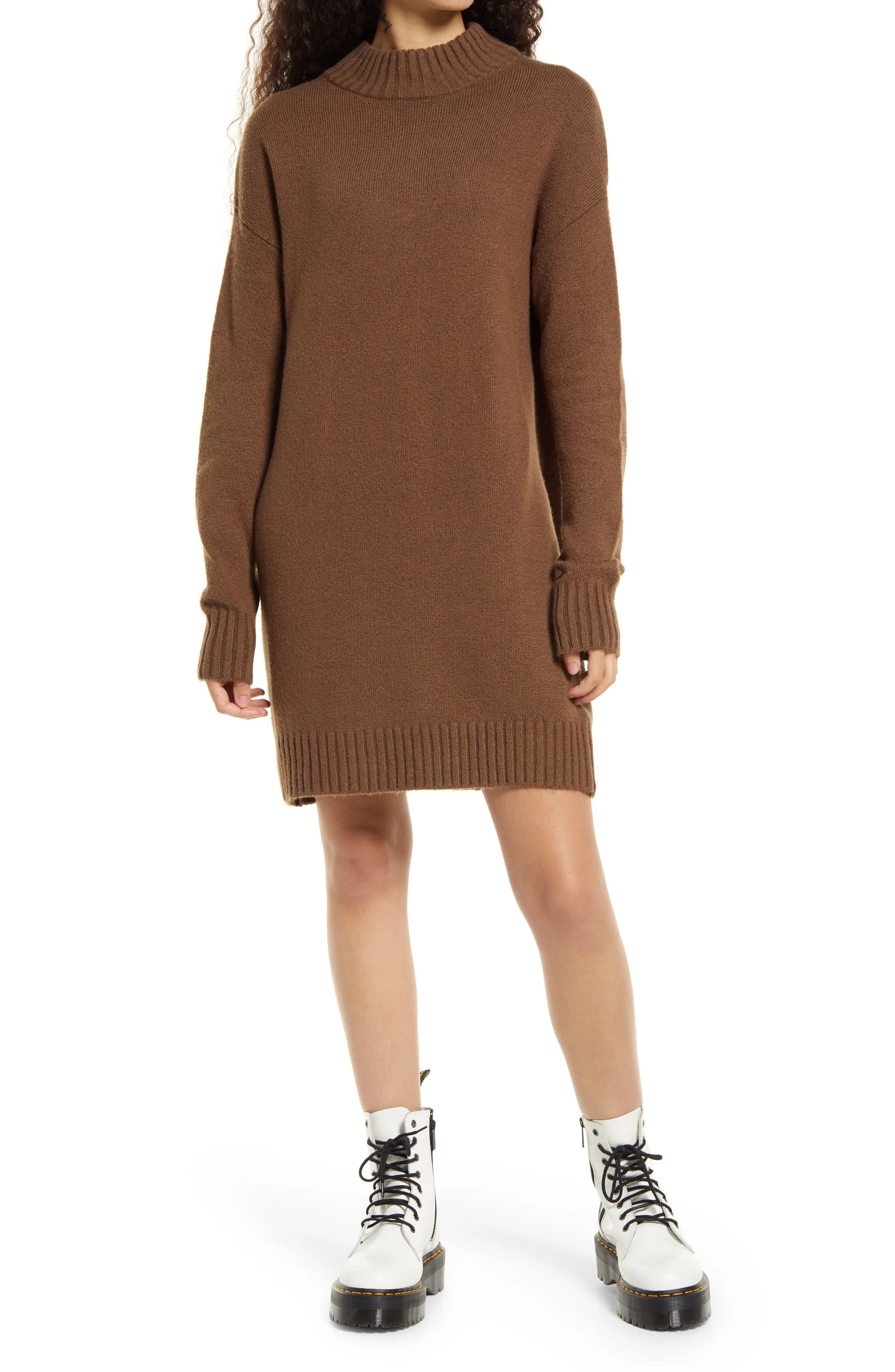 BP. Easy Crewneck Long Sleeve Sweater Dress, Size Small in Brown Earth at Nordstrom | Nordstrom