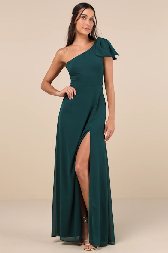 Simply Brilliant Emerald One-Shoulder Bow Maxi Dress | Lulus
