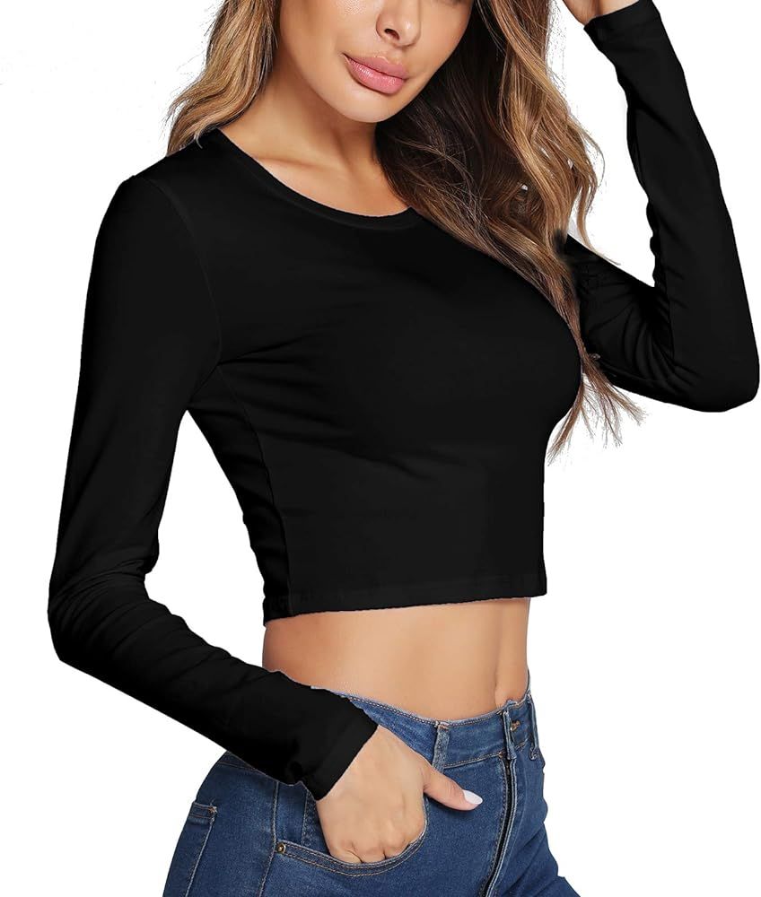 LOVFEE Women's Basic Round Neck Long Sleeve Crop Top Cotton Stretchy Sexy Slim Fitted Shirts | Amazon (US)
