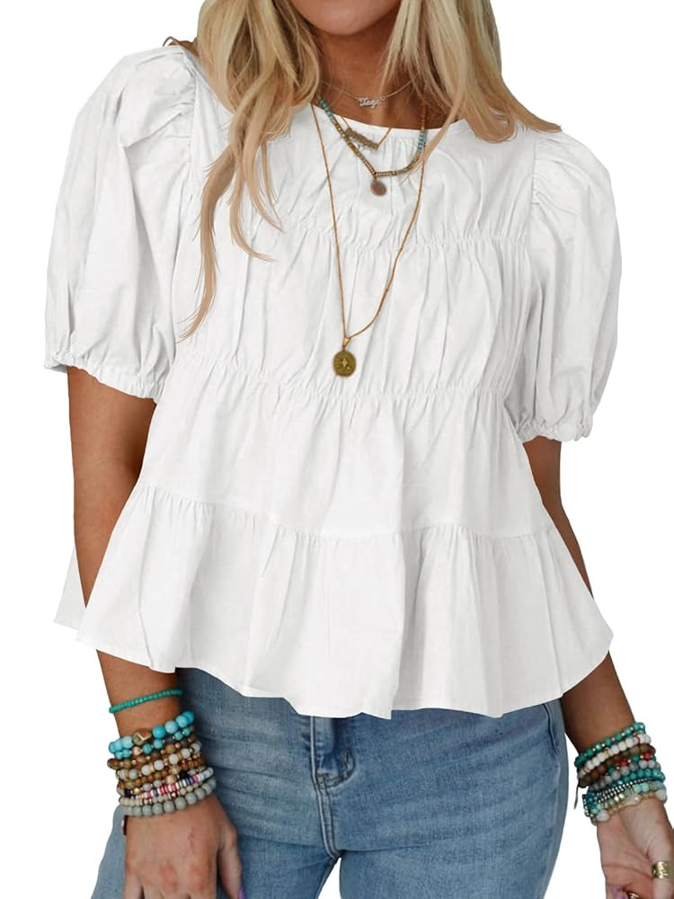 Tankaneo Womens Puff Sleeve Peplum Babydoll Tops Summer Smoked Pleated Cotton T-Shirts Casual Loo... | Amazon (US)