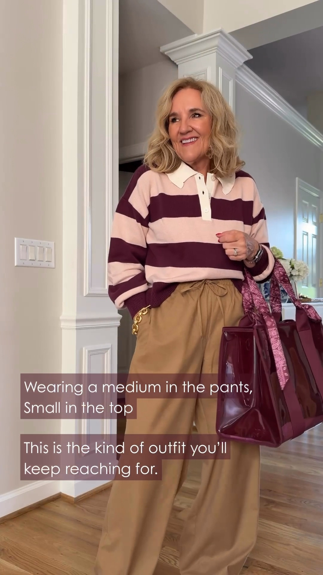 I have to say, these colors together are just fun. I’m wearing a small in the top and a medium in the pants, and that striped rugby gives the whole thing a little personality.

Jelly tote 20% off code NANETTE20

#LTKootd #LTKgrwm #LTKOver40