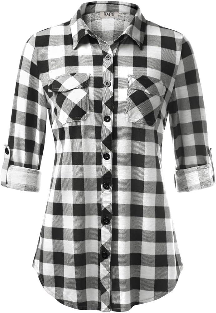 DJT Women’s Roll Up Long Sleeve Collared Button Down Plaid Shirt | Amazon (US)