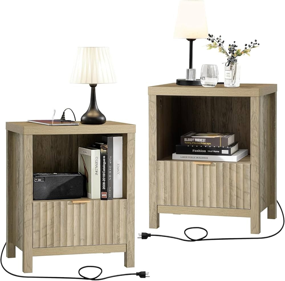 Night Stand Set of 2, Fluted Nightstand with Charging Station Bed Side Table End Table with Drawe... | Amazon (US)