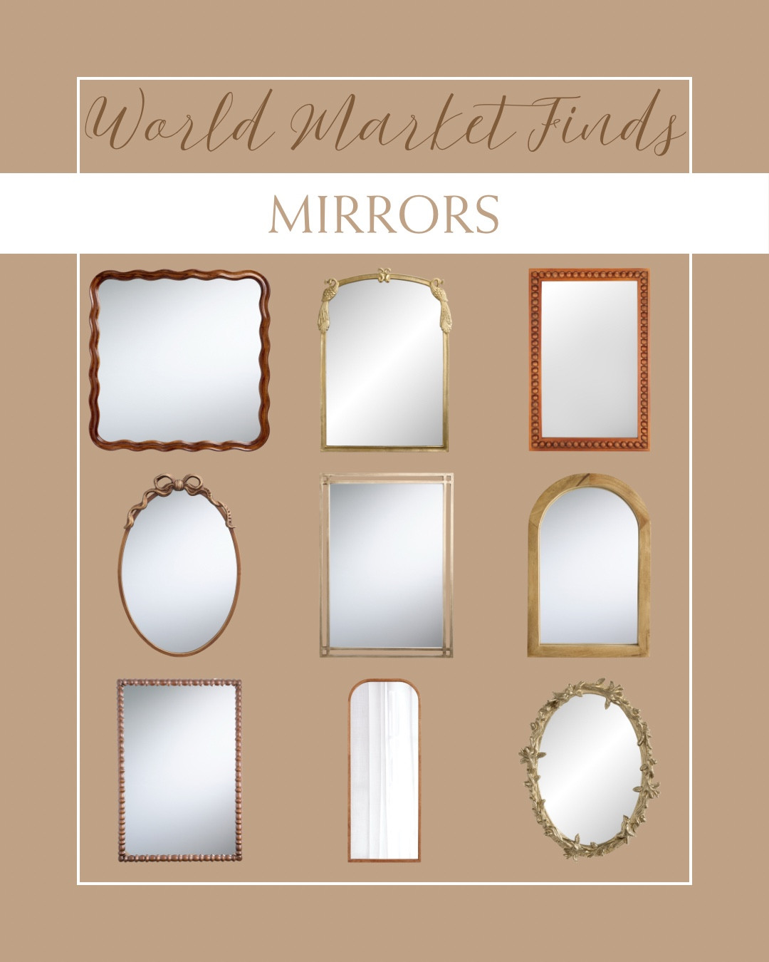 Brighten your space with World Market mirrors—from arched designs to rustic wood frames, perfect for adding light, texture, and character to any room.
#WorldMarketMirrors #LTKHome #HomeDecor #GlobalStyle #MirrorWall #RusticDecor #BohoHome #NeutralDecor #HomeStyling #EntrywayInspo

#LTKHome #LTKGiftGuide #LTKHoliday
