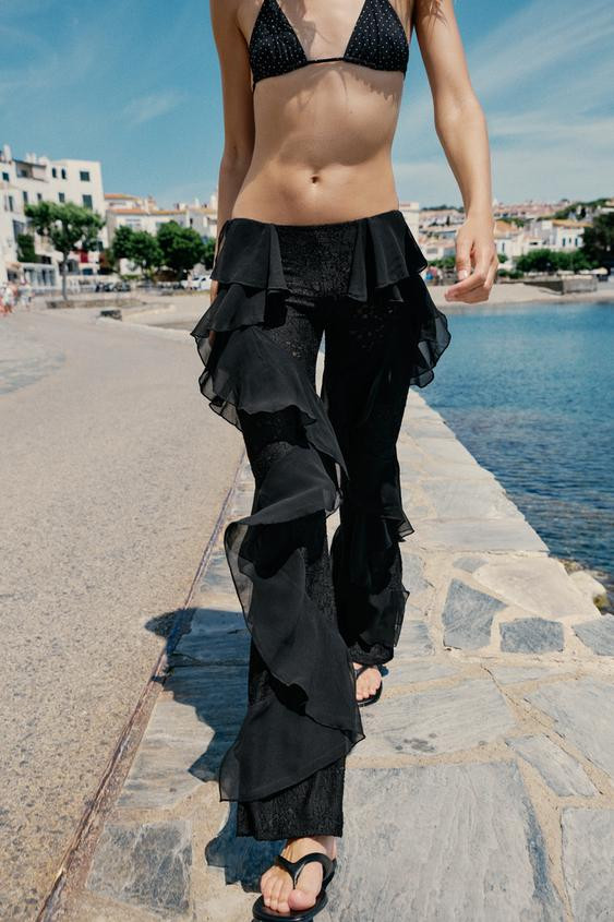 Zara - Lace Trousers With Ruffles - Black - M - Woman | Zara UK