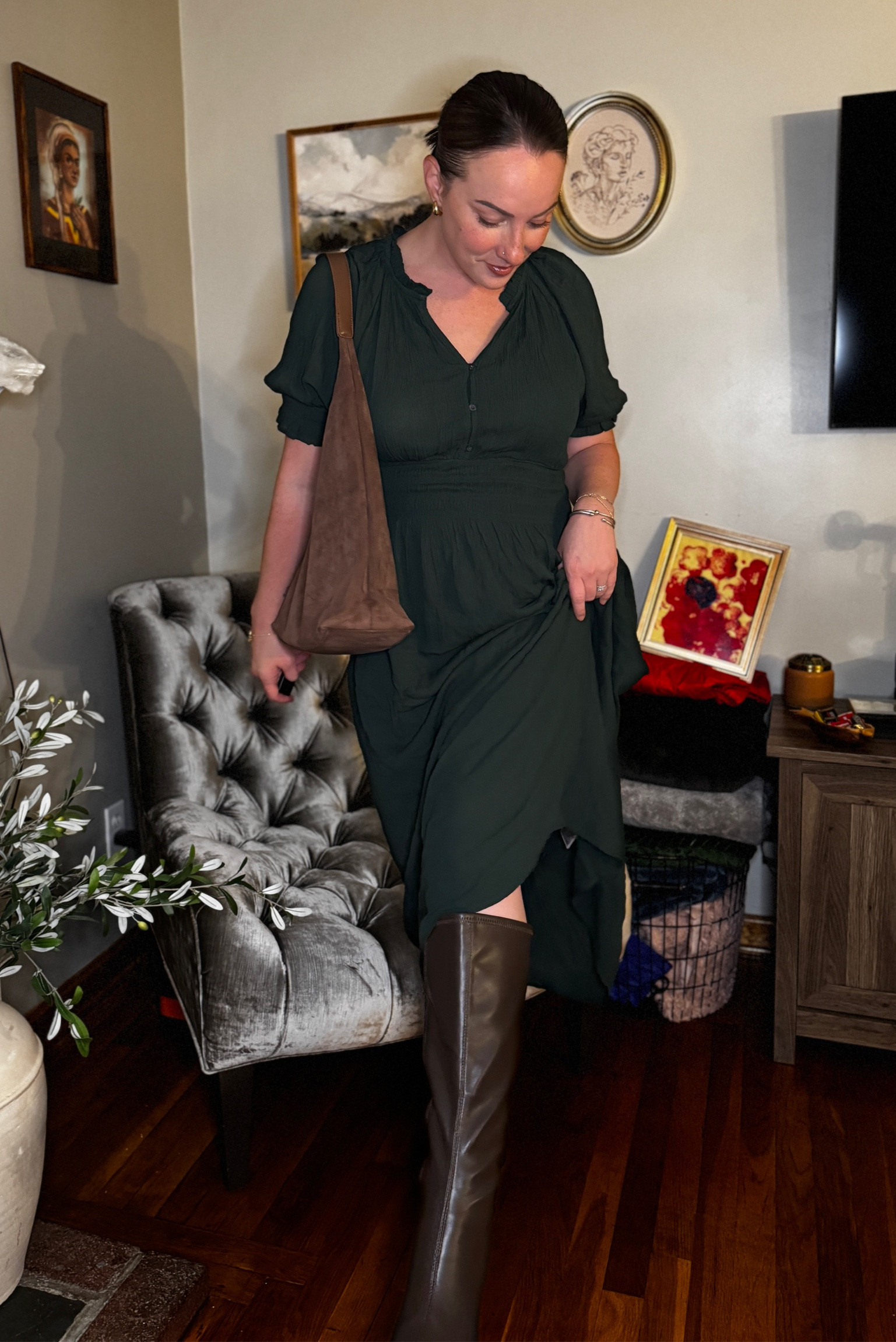 Chic outfits, dress, boots, suede bag, casual chic, green dress, brown boots, knee high boots

Suede bag is on my Amazon storefront ♥️ melissanicolesabreee#LTKFallSale

#LTKShoeCrush #LTKSeasonal