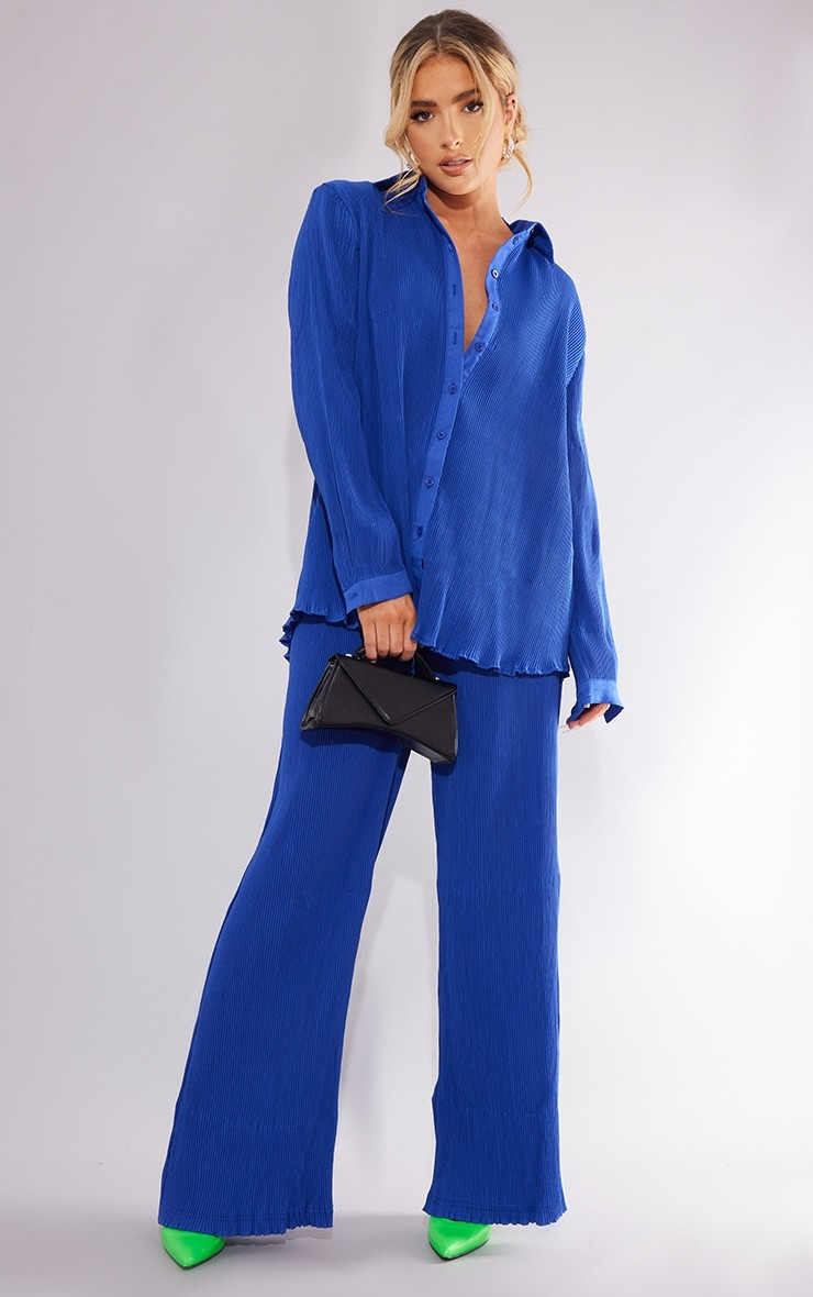 Bright Blue Plisse High Waisted Wide Leg Trousers | PrettyLittleThing UK