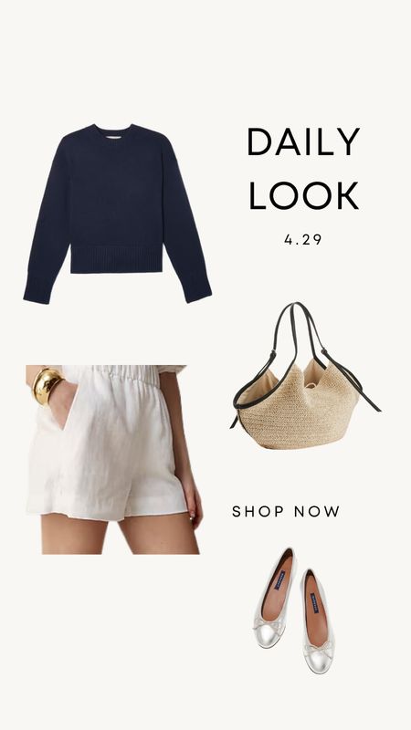Daily Look 4.29 | Navy sweater, white linen shorts, silver ballet flats, straw tote. 

Spring outfit
Mom style
Summer shorts
Summer outfit
Capsule style
Capsule wardrobe 
Mom outfit
Summer bag



#LTKSeasonal #LTKfindsunder100 #LTKstyletip