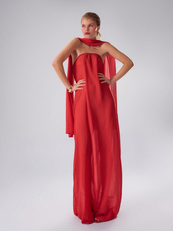 MUSERA Chiffon Drape Neck Maxi Dress, Summer Solid Color Dress | SHEIN