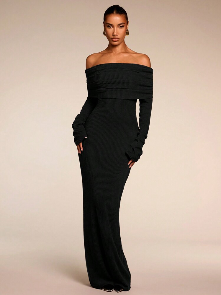 SHEIN BAE Women's Solid Color Off Shoulder Long Sleeve Casual Long Dress,Party Women Outfits,Wome... | SHEIN