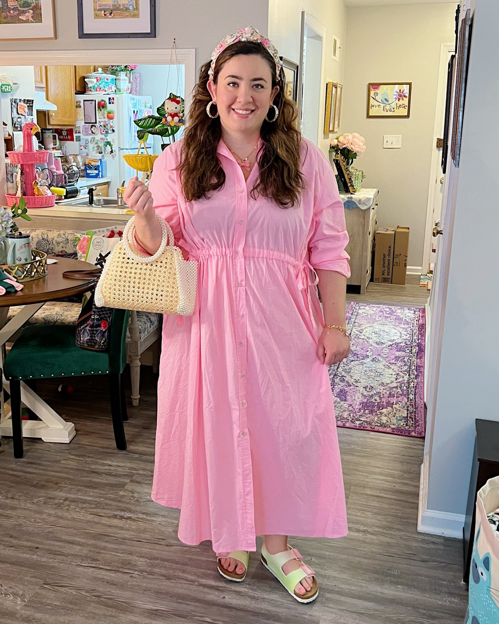 Long pink shirtdress with cinch waist, embellished headband, rattan bag, hoop earrings 

Preppy outfit, business casual outfit, affordable dress, Target find 

#LTKFindsUnder50 #LTKSeasonal #LTKMidsize