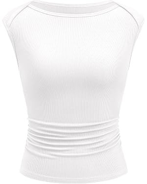 BTFBM Womens Summer Tops 2025 Boat Neck Cap Sleeve Tee Shirts Ruched Slim Fit Knit Going Out Tank... | Amazon (US)