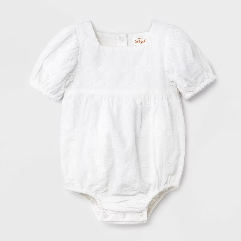 Baby Girls' Linear Eyelet Bubble Sleeve Romper - Cat & Jack™ White | Target