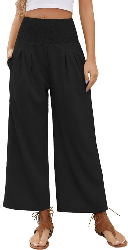 QIANXIZHAN Women's Cropped Wide Leg Pants, High Waisted Palazzo Pants Summer Boho Flowy Beach Lou... | Amazon (US)