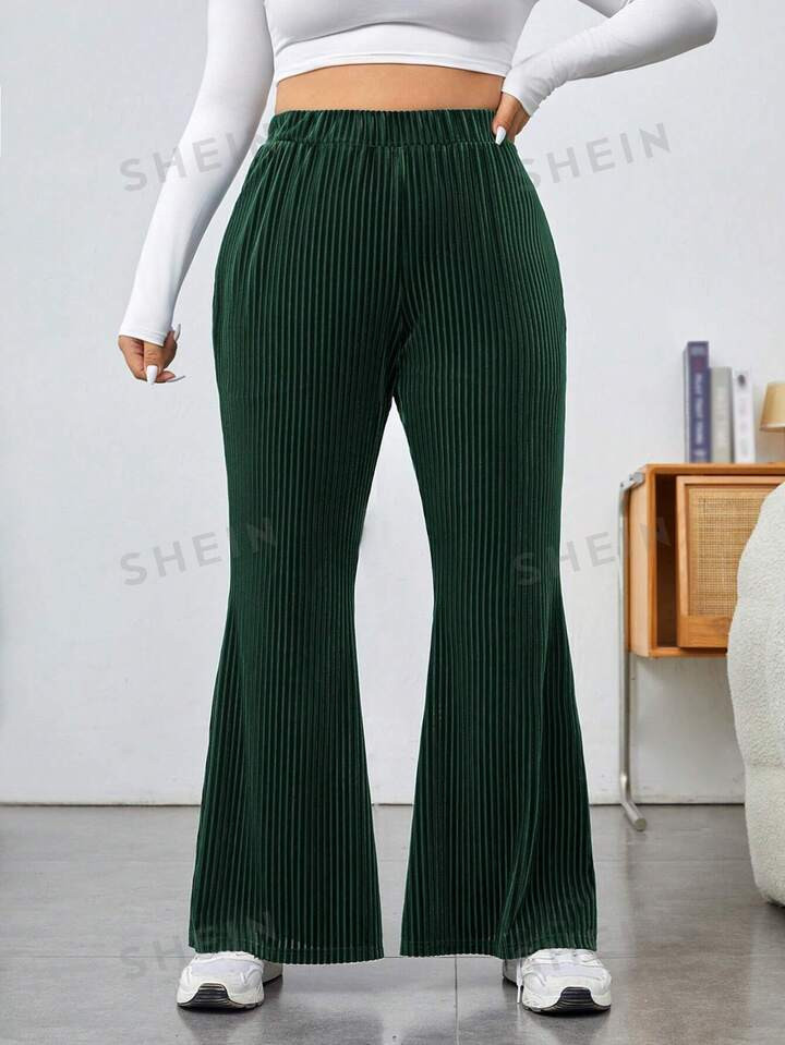 SHEIN EZwear Calças Flare Femininas Em Tecido De Veludo Tricotado Verde Escuro | SHEIN