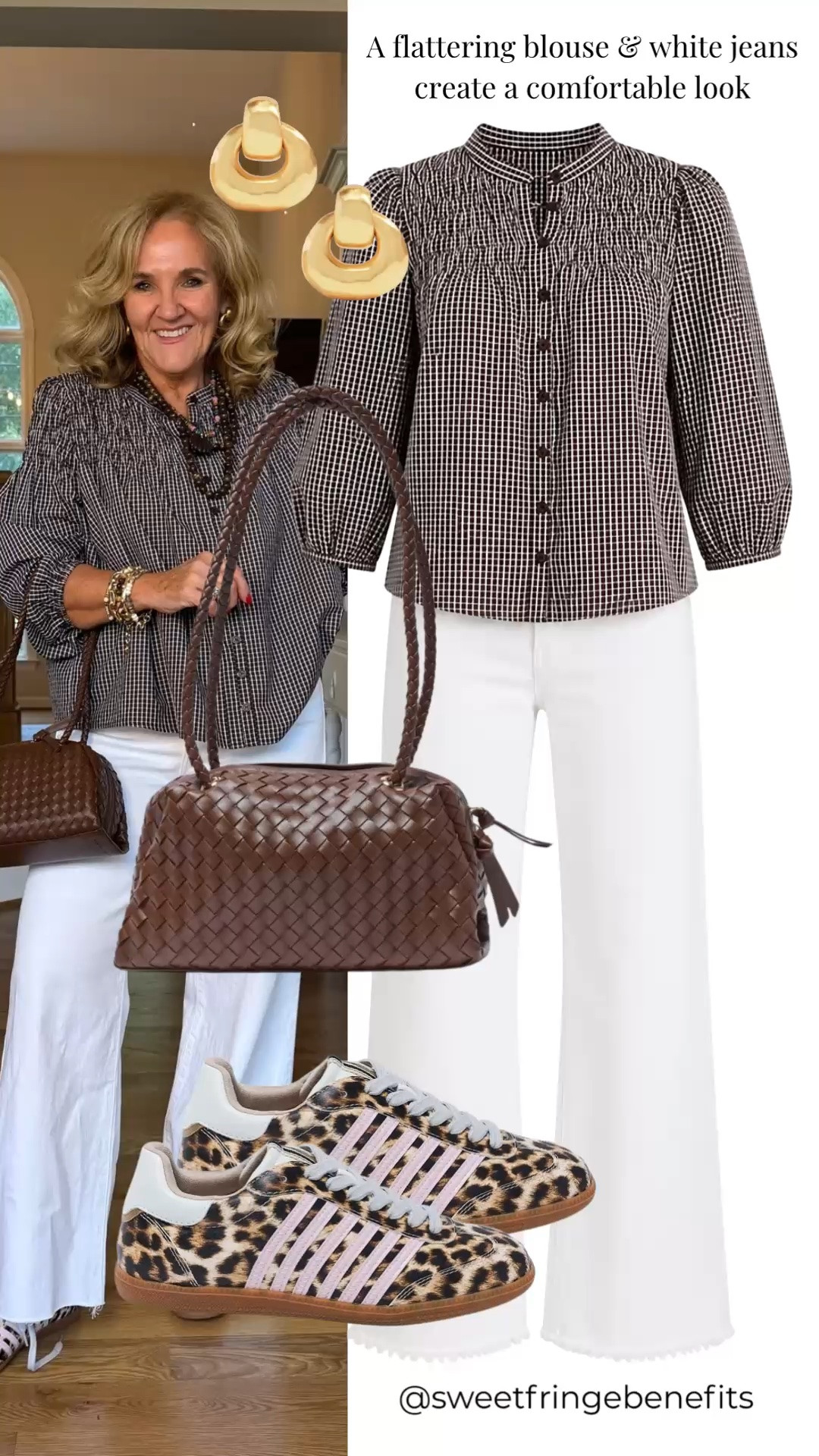 A classic checked blouse and white jeans make such an easy, polished everyday outfit. I love how the woven brown bag adds texture, while the leopard sneakers bring a fun touch and keep the look comfortable. This is the kind of combination that can take you from errands to lunch without feeling overdressed.

💡 LTK MADE EASY
❤️ Heart = Support my posts!
🔖 Save = Get sale & restock alerts
📋 Lists = Keep favorites organized
📲 Share = Send lists and products to a friend. Hello, Christmas List!
💬 Comment = Ask me anything about what I'm wearing.:-)

#LTKootd #LTKdayinmylife #LTKOver40